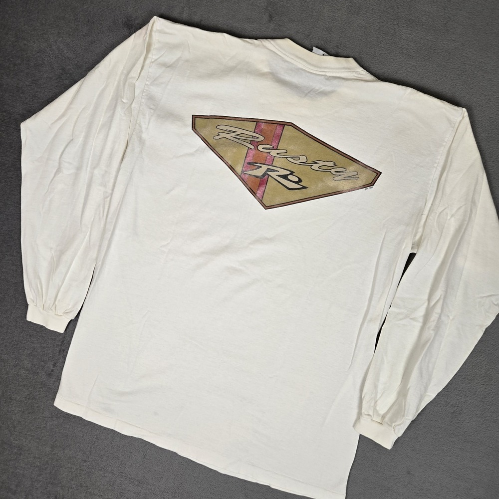 Vintage 90s Rusty T-Shirt Mens Large Surf White Graphic USA Made Long Sleeve